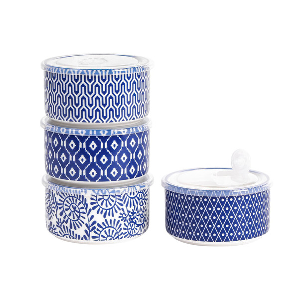 Selamica Ceramic Bowls with Lids,14 OZ Small Serving Bowls with Lids for Lunch Picnic Microwave Safe, 5 Inch Kitchen Food Storage Bowls Set of 4 for Prep, Salad, Pasta, Cereal, Vintage Blue