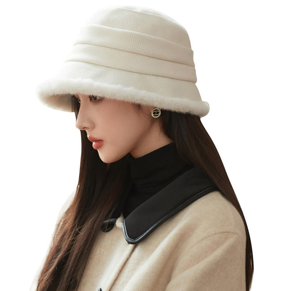 Vintage 1920s Cloche Hats Packable Winter Fleece Lined Bucket Hat Church Women (A-Beige)