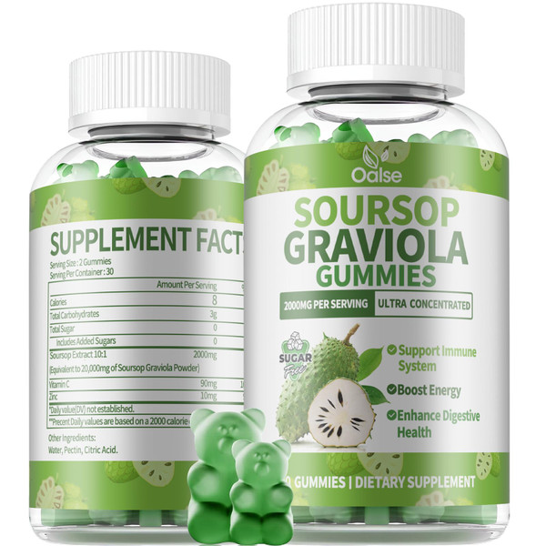 OALSE Soursop Graviola Gummies, Sour SOP Leaves & Fruit Extract Plus Vitamin C and Zinc, Soursop Bitters for Immune Support, (60 Count) - Sugar Free, Vegan, Gluten Free