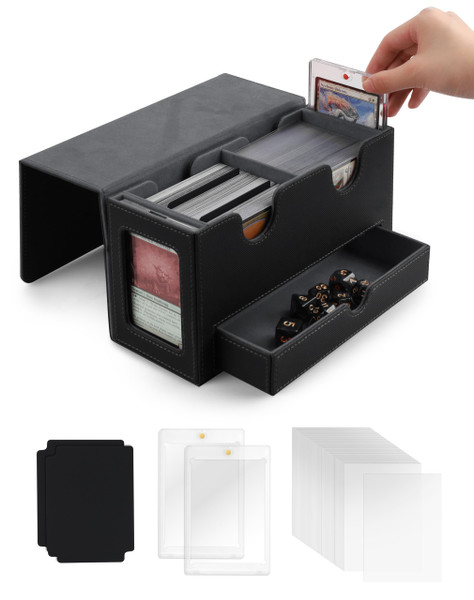 MRAUF MTG Deck Box with Double Commander Display and Dice Tray, Fits 200+ Double Sleeved Cards, Card Storage Box Plus 2 Magnetic Holders& 100Pcs Card Sleeves (Black)
