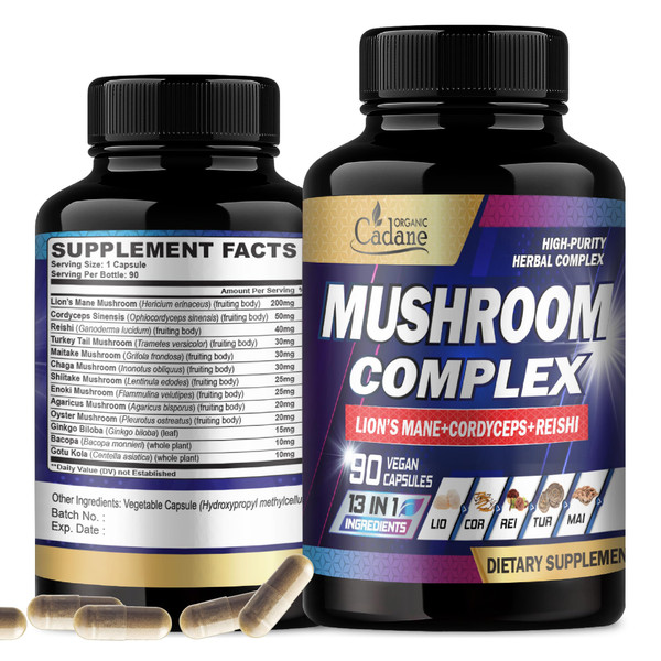 Organic Cadane Mushroom Complex Supplements for 3-Month Supply - 13in1 Lions Mane, Cordyceps Sinensis, Reishi, Turkey Tail Mushroom, Maitake, Chaga, Shiitake, Enoki, and More - 90 Vegan Capsules