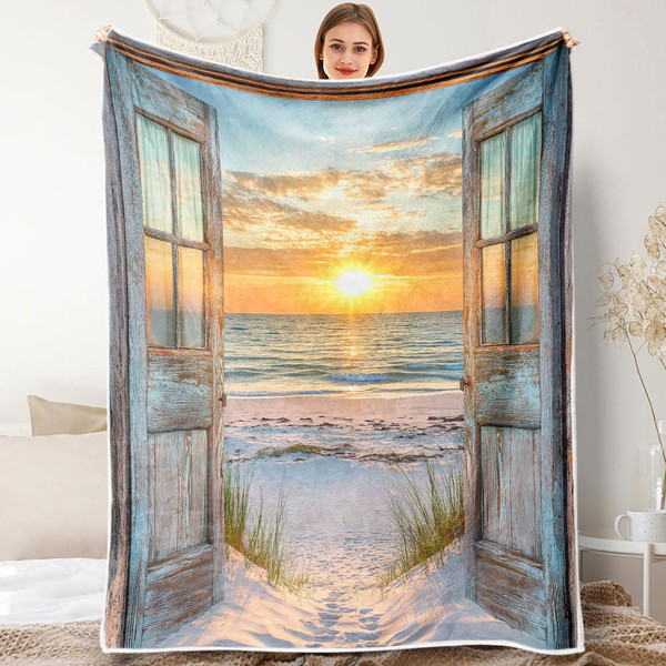 Beach Coastal Throw Blankets, Ocean Barn Door Nautical Sunrise Seaside Seascape Flannel Warm Soft Bed Couch Blanket, Rustic Wood Teal Turquoise Throws to Decorate The Room Bedroom 50 x 60