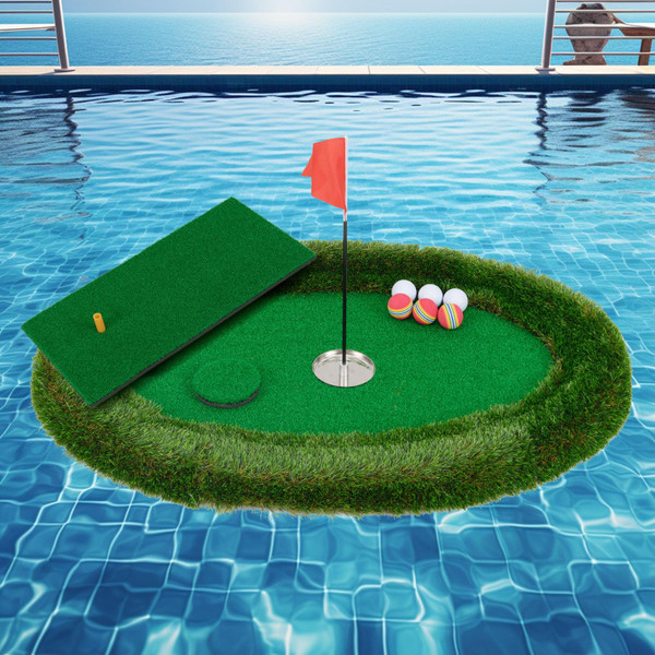 ULTIMATE Floating Golf Green for Pool, Floating Chipping Green Mat w/Hitting Mat, Golf Balls, Flag and Tee for Golf Practice, Golf Putting Mat for Golf Game (Oval, 37.5" x 25.5")