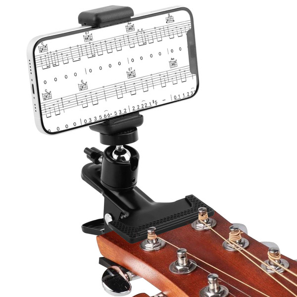 Guitar Phone Holder Mount, 360 Rotating Ball Head, Universal Guitar Head Clip for Recording/Live Broadcast/Video/Teaching, Compatible with Guitar, Electric Guitar, Bass, Ukulele