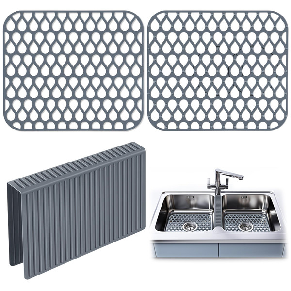 Dunkive 3 Pack Sink Mat and Sink Saddle Set, Sink Protectors for Kitchen Sink, Non Slip Silicone Sink Mat Dishwasher Safe, Protect Double Sink from Stains, Damage, Scratches (Cuttable)