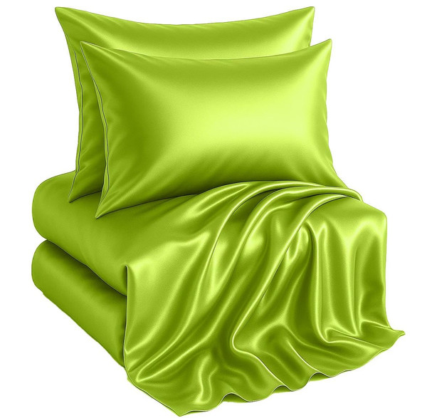 Casa Platino Queen Size Satin Sheets - Smooth Satin Sheets Queen, Cooling Fabric with 15 Inch Deep Pocket Sheet, Lightweight and Breathable, Makes for a Great Nights Sleep- Vibrant Lime Green