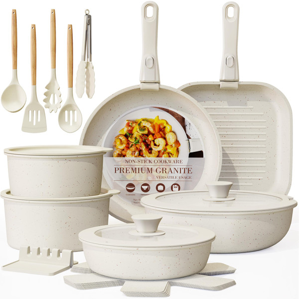 Astercook 23 Pcs Pots and Pans Non Stick Ceramic Cookware Set Detachable Handle, RV Stackable Kitchen Cooking Set Removable Handles, Oven Safe, Induction Ready, Cream White