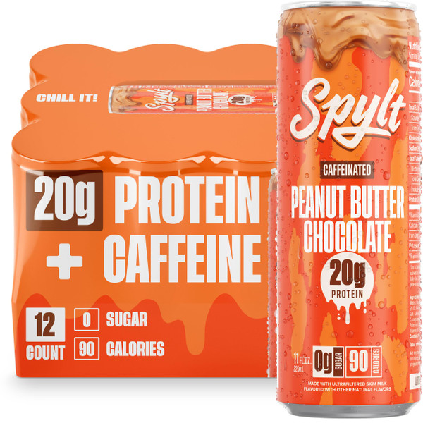 Spylt High Protein Peanut Butter Chocolate Milk with 60mg Caffeine & 20g Protein - 90 Calories, Ready to Drink, Sugar Free, Lactose Free Milk, Perfect for Workout Recovery & Afternoon Pick Me Up - 12 Count