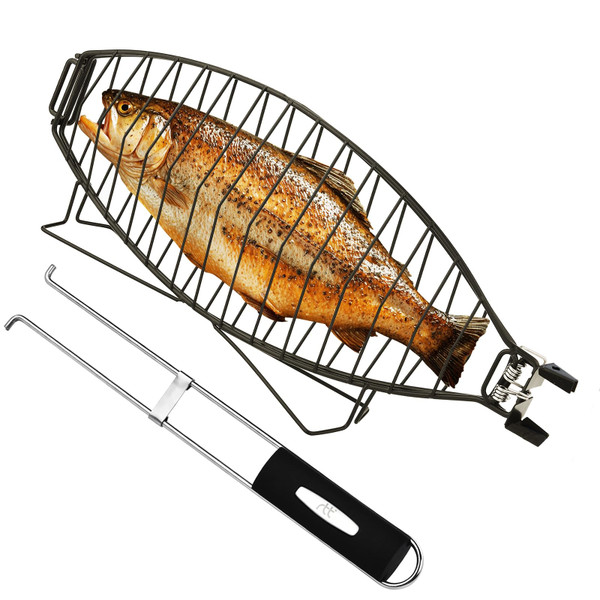 Fish Grilling Basket for Grill - Stainless Steel Basket, Non-Stick Fish Rack for Grilling with Adjustable Lock Removable Handle, Ideal for BBQ, Camping, Charcoal and Gas Grills