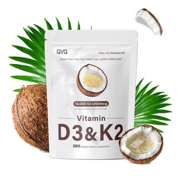 QVQ 300 Pcs 2 in 1 Vitamin D3 10000 iu Plus K2 (MK-7) 200 mcg Virgin Coconut Oil Softgels with Vitamins D & K Supports Calcium Absorption, Bone, Immune, & Heart Health – Easy to Swallow
