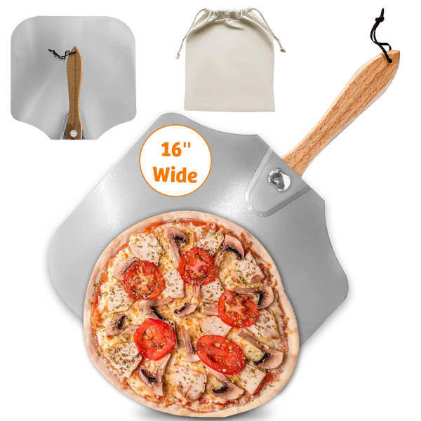 Colenza Pizza Peel 16 inch,16" Wx 18" L, Aluminum pizza peel with Foldable Wood Handle and Storage Bag, Non-perforated