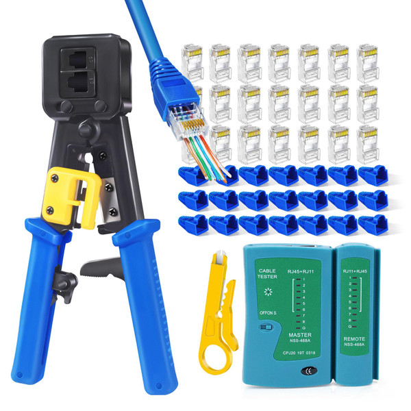 PETECHTOOL RJ45 Crimp Tool Cat6 Cat5e Cat5 Ethernet Crimper Kit for RJ45 RJ12/11 Pass Through Connectors with 50pcs rj45 Cat6 Pass Through Connectors, 50pcs Covers, Wire Stripper; Network Cable Tester