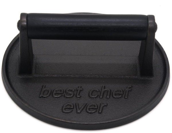JNXHON Best Chef Ever Heavy Duty Cast Iron Grill Press Burger Press Bacon Press Barbecue Press Meat Press Burger Smasher Round Flat Press with Anti Scalding Wooden Handle Unique Chef Gifts (6.5")