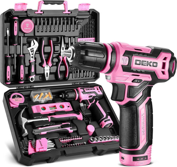Pink Drill Tool Set Kit DEKOPRO Power Cordless Drill Tool Box with 12V Electric Pink Drill Driver Set for Women Home Hand Repair Tools Sets Drills Case