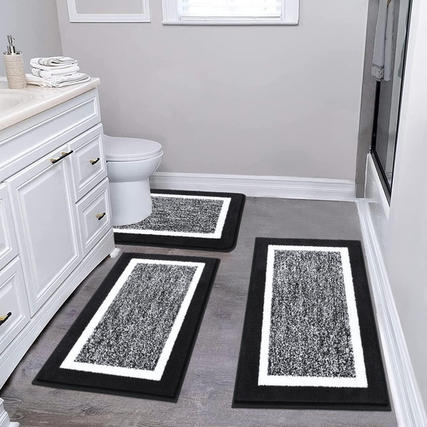 Pauwer Bathroom Rug Sets 3-Piece Shower Rugs with U-Shaped Contour Toilet Mat Absorbent Microfiber Plush Bath Mats Non Slip Machine Washable Shaggy Bathroom Floor Mats, Black