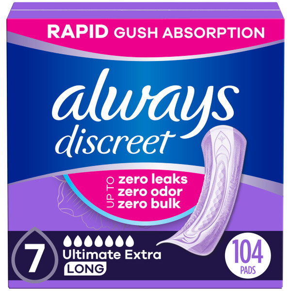 Always Discreet Adult Incontinence Pads for Women, Ultimate Extra Absorbency, Long Length, Postpartum Pads, 104 Count (4 Packs of 26)