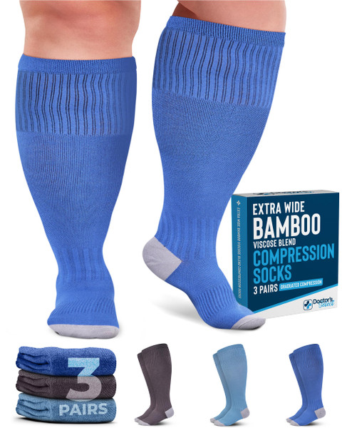 Doctor's Select 3 Pairs Plus Size Compression Socks Wide Calf | Bamboo Viscose Knee High Socks for Circulation Support | Nurses, Travel, Running | Blue, Teal, Dark Gray