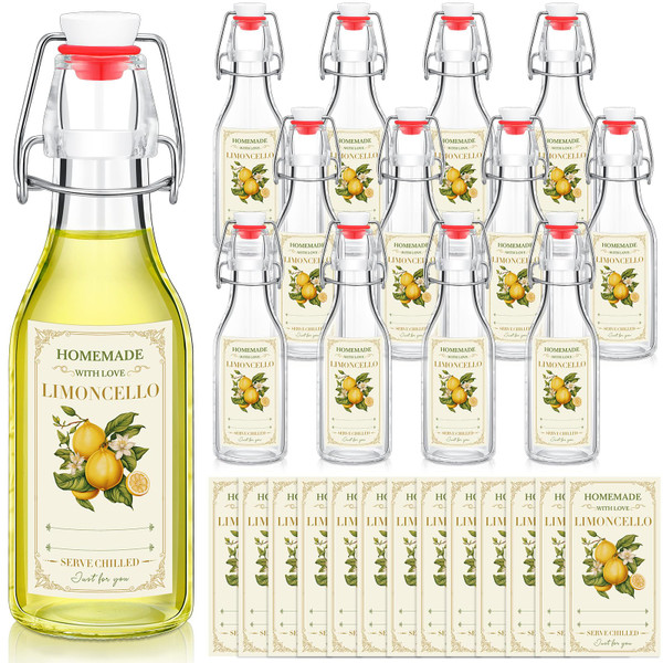 Havawish 12 Sets Limoncello Swing Top Glass Bottles for Homemade 8 oz Flip Clear Top Lemoncello Bottles with Labels Stoppers for Home Brewing Gifts Wedding Baby Shower Party Favors(Round)