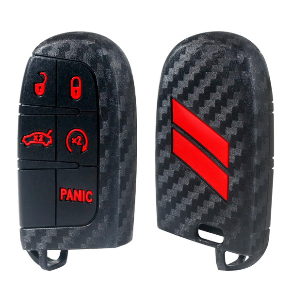 REMOCH Key Fob Cover for Dodge Accessories 5 Button Key Fob Case for Dodge Charger Challenger Dart Durango Journey Replacement Remote Control 3 4 5 Buttons Key Fob Shell (Carbon Fiber Red, 2PCS)