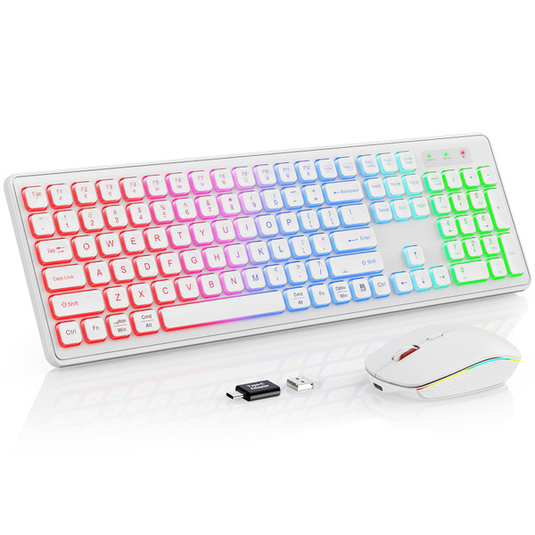 Wireless Keyboard and Mouse - RGB Backlit, Rechargeable & Light Up Letters, Full-Size, Ergonomic Tilt Angle, Sleep Mode, 2.4GHz Quiet Keyboard Mouse for Mac, Windows, Laptop, PC, Trueque(White)