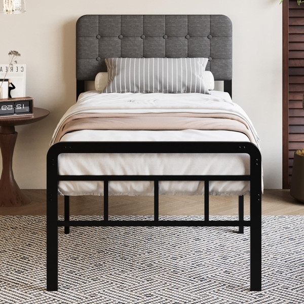 Fly-CTsoar 18 Inch Twin Bed Frame with Upholstered Headboard and Footboard, Heavy Duty Metal Slats, with Under Bed Storage, No Noise, No Box Spring Needed, Easy Assembly, Black