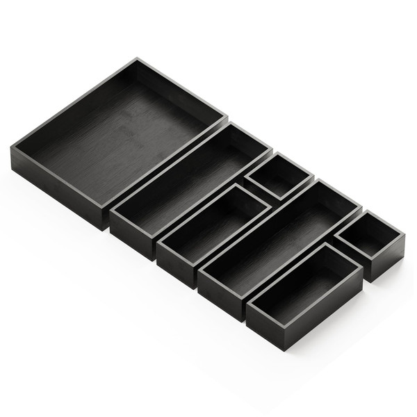 SpaceAid 7-Piece Bamboo Drawer Organizer Storage Boxes Set, Wood Tray Junk Drawer Organizers Multi-Use Divider Bins for Kitchen, Bathroom, Office Desk and Makeup Organization (7 Pack, Black)