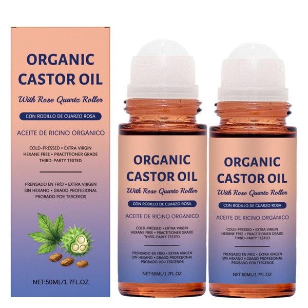 2PC Organic Castor Oil Roll-On with Rose Quartz,100% Pure Cold-Pressed Organic Castor Oil Roller Ball for Hair Growth, Eyelashes, Eyebrows & Skin, Deep Hydration(50ml)