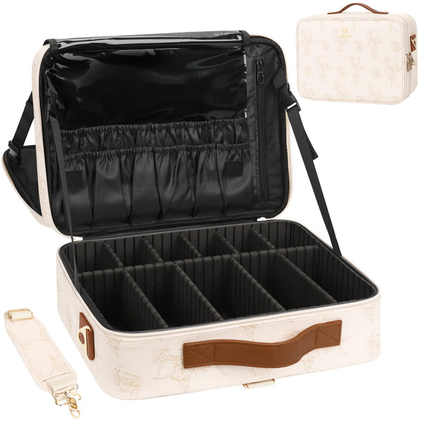 Relavel Large Makeup Case, Professional Makeup Artists Bag with Adjustable Dividers, Waterproof & Portable Train Case Storage Organizer Box with Shoulder Strap