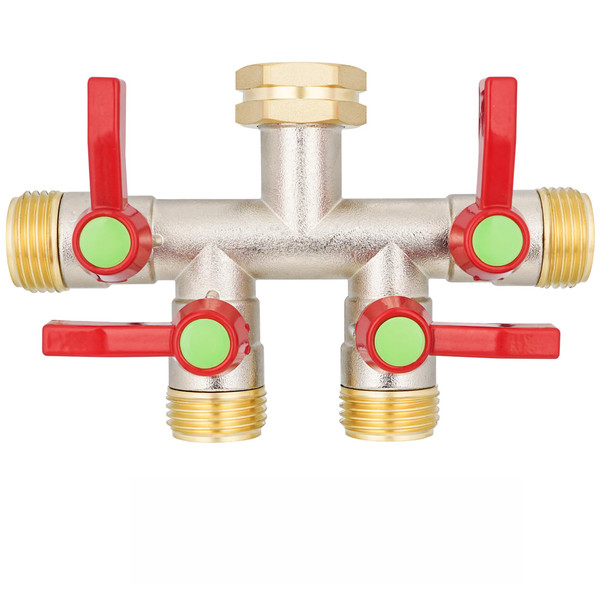 DINGBAI Hose Splitter 4 Way, High Flow Garden Hose Splitter, 3/4” Ght Inlet Brass Heavy Duty Hose Converter, Full Flow water 4 Way Faucet hose splitter, Long Handle Hose Valve Large Outlet.