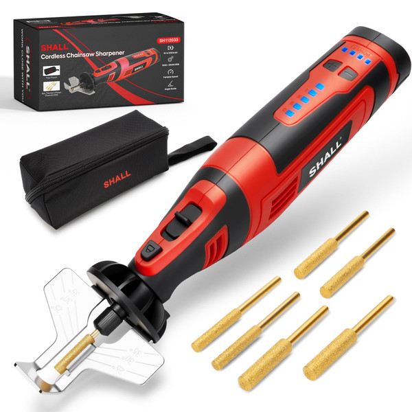 SHALL Electric Cordless Chainsaw Sharpener Kit, with 6 Titanium-Coated Diamond Drill Bits and Angle Guide, for All Chainsaws Chains