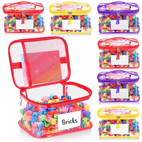 Aliceset 6 Pack Clear Toy Storage Bag with Name Tag & Manual Pocket Reusable Clear PVC Board Game Storage Travel Waterproof Organizer Bags with Zipper for Books(Yellow, Red, Purple)