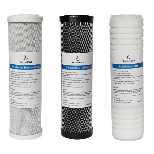 Replacement Water Filters Three Pack, 10 Inch, 2.5 x 10”, include 5.0 Micron Rust Filter, 0.5 Micron Coconut Shell Carbon Block, 0.2 Micron Filter