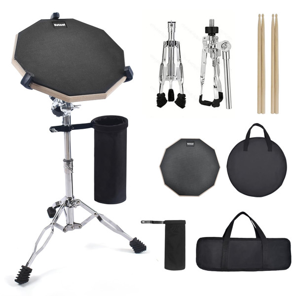 Seteol Drum Practice Pad Set, 12 Inch Double Sided Silent Drum Pad with Storage Bag + Adjustable Snare Drum Stand with Carry Bag + 2 Pair Drum Sticks with Drumstick Holder, Fits 10"-14" Drums (Black)
