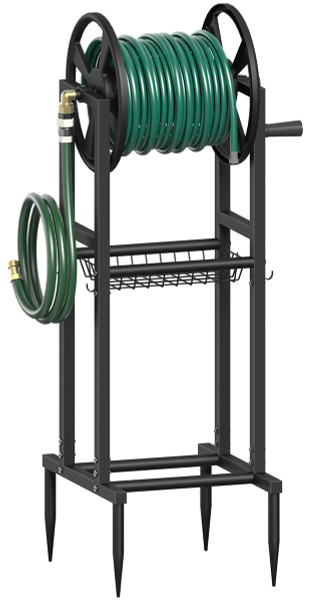 Mokeyder Freestanding Garden Hose Reel holds 125ft Hose of 5/8" with 4 Hooks, 4-Spike Outdoor Hose Holder with 3.9ft Leader Hose & Brass Fitting, Detachable Metal Hose Stand with Storage Rack, Black
