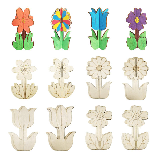 BENIMUS DIY 3D Flower Spring Wood Crafts to Paint, Spring Unfinished Wooden Slices for Craft, Flowers Ornaments for Painting Decorations (32 PCS)