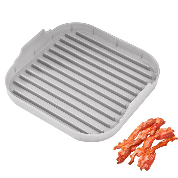 Microwave Bacon Cooker, HOMOMSAE Large Food Grade Soft Silicone Grooved Meat Bacon Tray for Oven, Holds 4-6 Strips of Bacon - 10 inch, Grey