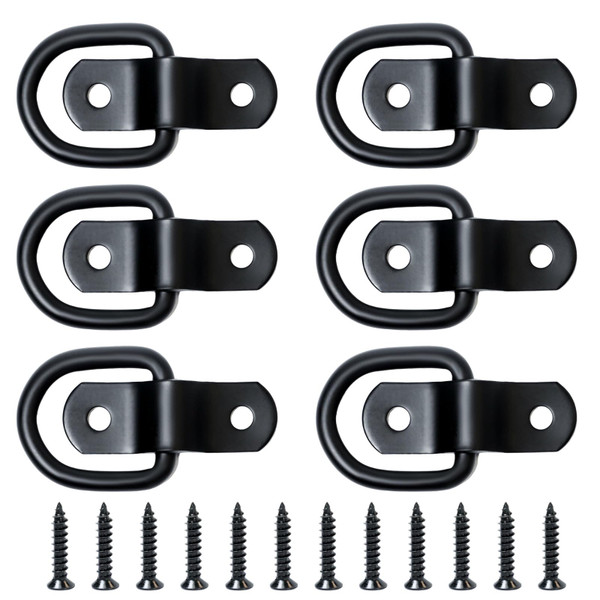 Paidiem 6-Pack 1/4" D Rings Tie Down Anchors Hooks with Bolt-on Mounting Bracket Clips- Heavy Duty Black Steel D-Ring Tie Downs 2400 Pound Capacity for Trucks and Flatbed Trailers, Included Screws ﻿