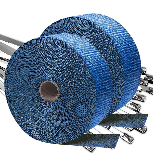 Blue Exhaust Wrap 2" x 200" (2 Rolls) - High Temp Fiberglass Header Wrap for Motorcycle, Car, Exhaust Pipes, Muffler & Header - Heat Resistant 2000°F, Easy Install & Durable (Blue, 2 Rolls)