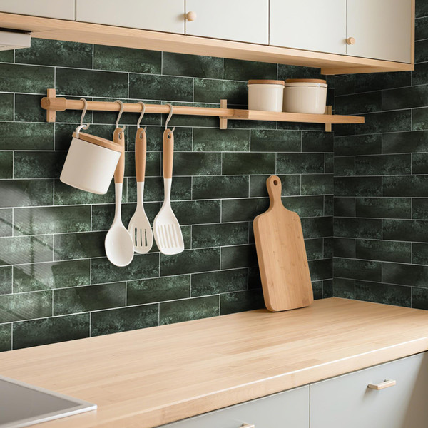 ROOMOSA 30 PCS Peel and Stick Backsplash for Kitchen - Glossy Subway Tile - 3"x 9" Self-Adhesive Stick on Wall Tile, Hard SPC Imitation Stone Glazed Mosaic (Dark Green, 3" x 9" x 0.12")