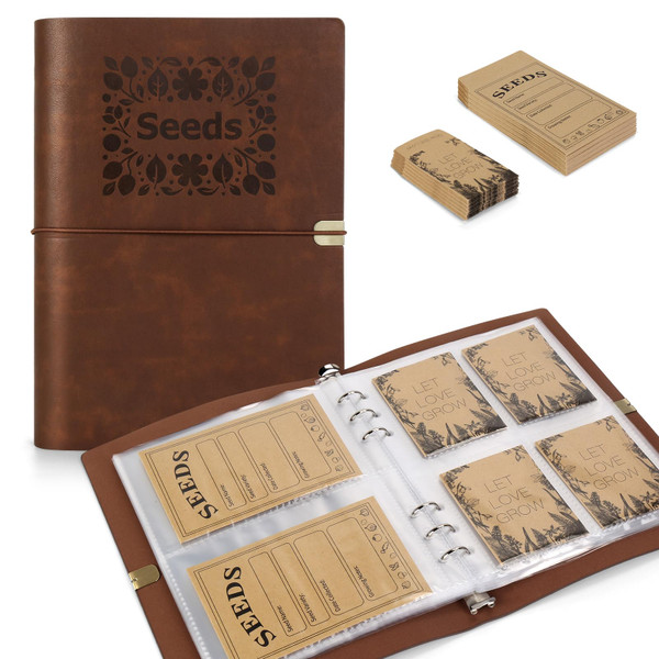 Seed Storage Organizer, Seed Packet Organizer Binder with 80Pcs Garden Seeds Storage Envelopes and 40 Clear Pocket Sheet Protectors for Protecting Vegetable Seeds (Brown, 9.1 x 6.5inch)