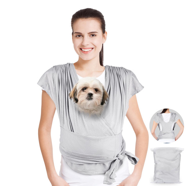 Dog Sling Carrier for Small Dogs, Front Handsfree Cat Sling Carrier Adjustable Size Anti-Anxiety Pet Sling, Breathable Mesh Cloth Reducing Back Pain Suitable for 0-15 Pound Puppies (Grey)