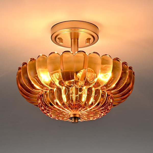 Semi Flush Mount Ceiling Light Fixture, Amber Glass 3-Light Modern Vintage Ceiling Lights, Scalloped Close to Ceiling Light, Gold Base Flush Mount Ceiling Light for Hallway Bedroom Entryway Kitchen