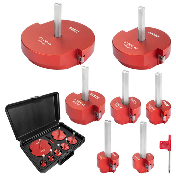 DEEFIINE Double Inserts PVC Pipe Reamer Kit, 7pcs Plastic Fitting Saver Contains 3/4",1",1-1/4",1-1/2",2",3',4" for SCH40 Pipe,Socket Save Plumbing Tool Fit into Standard 1/2" Drill (7 Red)