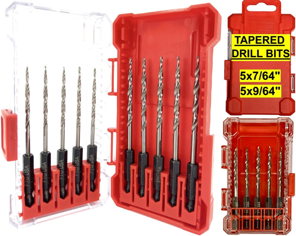 FTG USA 5 Pc 7/64" (#4), 5 Pc 9/64" (#6) Tapered Drill Bits for Wood, Replacement for Countersink Drill Bit Set with Storage Container