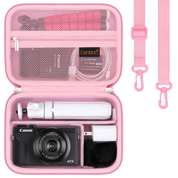 Canboc Carrying Case for Canon PowerShot G7 X Mark II/ G7X Mark III Digital Camera & Accessory Kit (Flexible Tripod, Adapter and More), G7X Camera Bag with Strap, Mesh Pocket fit Cable, Battery, Pink