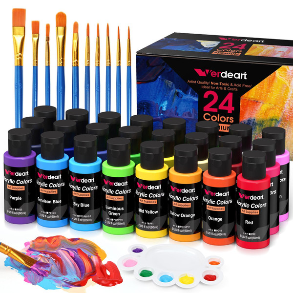 Verdeart Acrylic Paint Set - 24 Colors 2 oz/59 ml Acrylic Paints for Professional Artists with 10 Brushes , Art Supplies for Painting Canvas Rock Wood Ceramic Glass Art Craft Painting, Rich Pigments Lasting Quality for Beginners