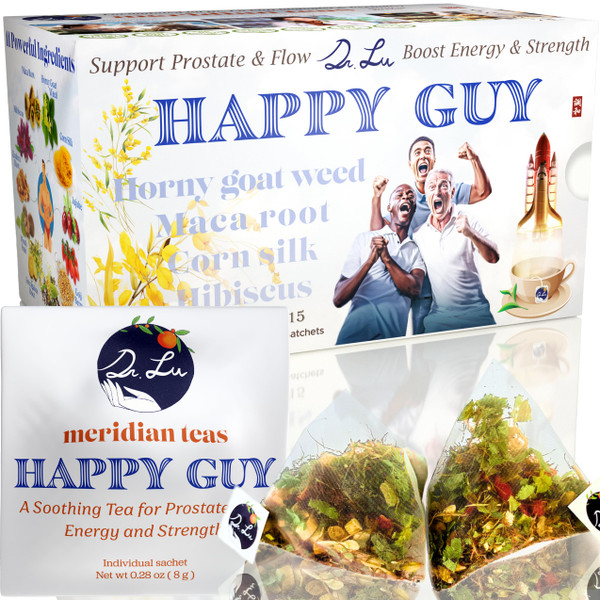 Dr. Lu’s Happy Tea for Guy | 100% Natural Energy Tea for Men | Supports Prostate, Vitality & Fertility | 11-Herb Blend with Maca, Corn Silk & Hibiscus in Corn Fiber Tea Bags Made in USA