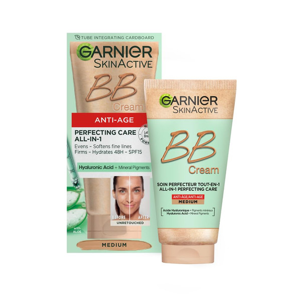 Garnier SkinActive Anti-Age BB Cream, Shade Medium, Tinted Moisturiser SPF 15, Softens Fine Lines & Firms Skin, With Hyaluronic Acid, Aloe & Mineral Pigments, 50 m Garnier SkinActive Anti-Age BB Cream, Shade Medium, Tinted Moisturiser SPF 15, Softens Fine Lines & Firms Skin, With Hyaluronic Acid, Aloe & Mineral Pigments, 50 m