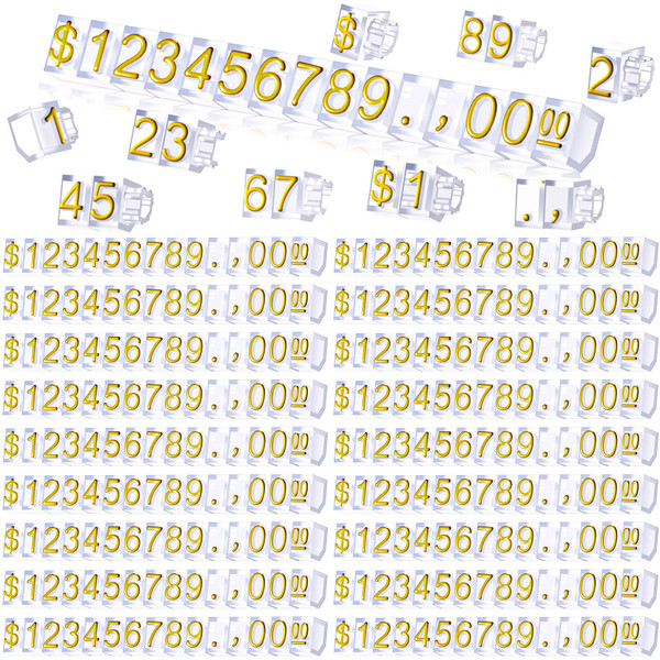 Qunclay 50 Sets Price Display Cube Number Letter Price Tag Cube Blocks Adjustable Dollar Display Stand Small Counter Kit for Jewelry Retail Vending Machine Shop Signs (Gold Number,Clear)