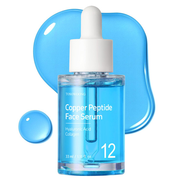 TOSOWOONG Copper Peptide Face Serum, Anti-Aging with Copper Tripeptide, GHK-Cu, 12 Multi-Peptide Formula for Fine Lines, Firming, Skin Elasticity, Hydrating, Korean Skincare, 33ml / 1.11 fl.oz.